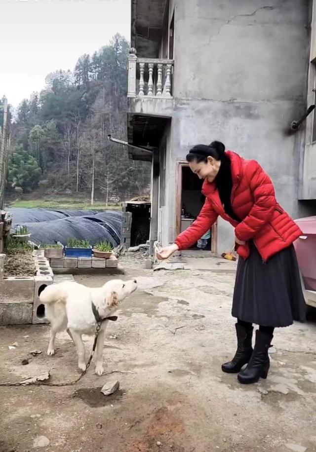 56 岁于文华现身农村生活，喂土狗裙子拖地